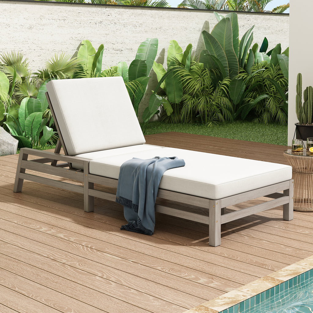 TREXM 5-Position Adjustable Outdoor Chaise Lounge Solid Wood Patio Recliner Chair