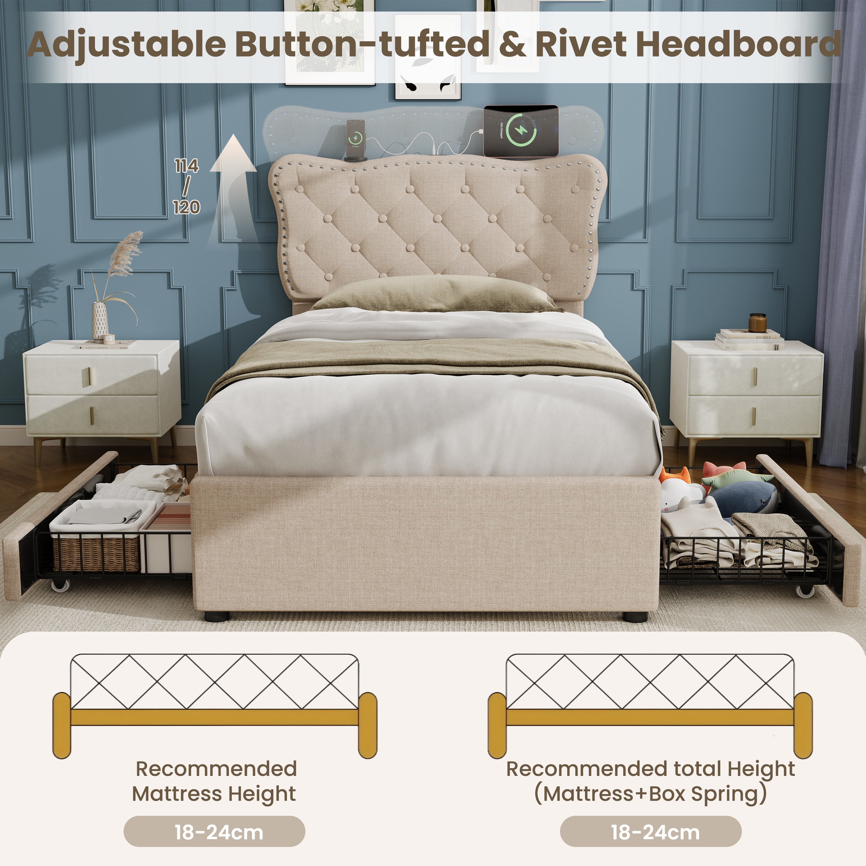 3ft Single Upholstered Bed With Rivet Design