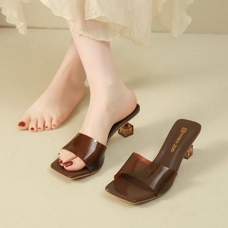 French Style Crystal Thin Heel Square Toe One-Strap Sandals For Women, New Transparent High Heel Slide Sandals Outdoor Wear