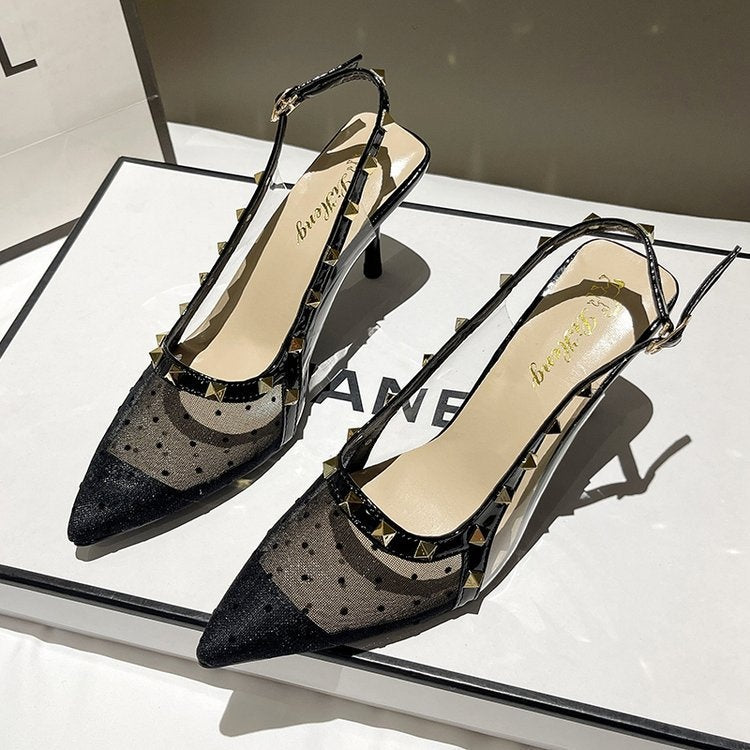 Women's Polka Dot Mesh Studded Pointed Toe Slingback Stiletto Sandals