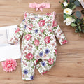 Mädchen Langarm Rüschen Overall mit Print Stirnband Zweiteiliges Set