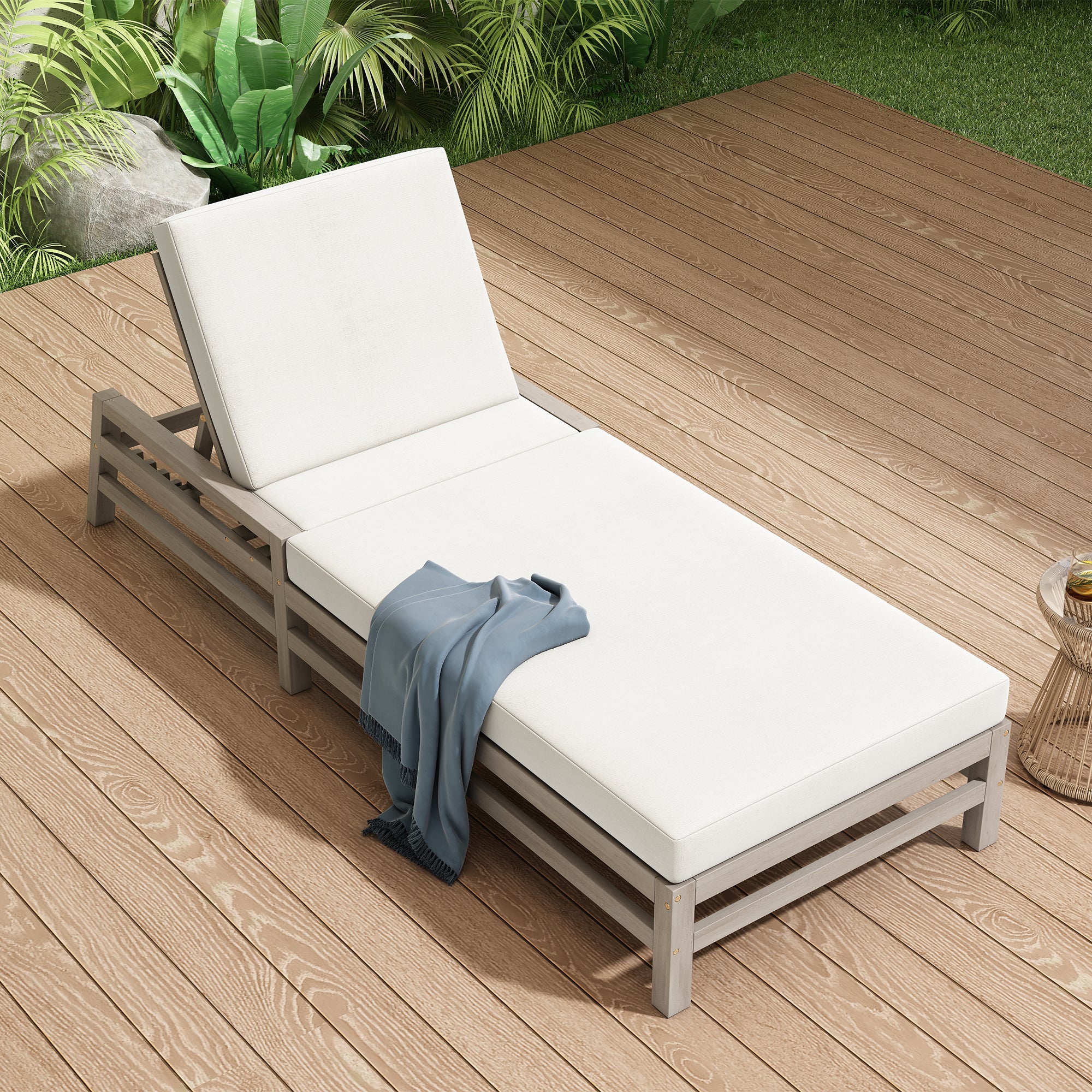 TREXM 5-Position Adjustable Outdoor Chaise Lounge Solid Wood Patio Recliner Chair
