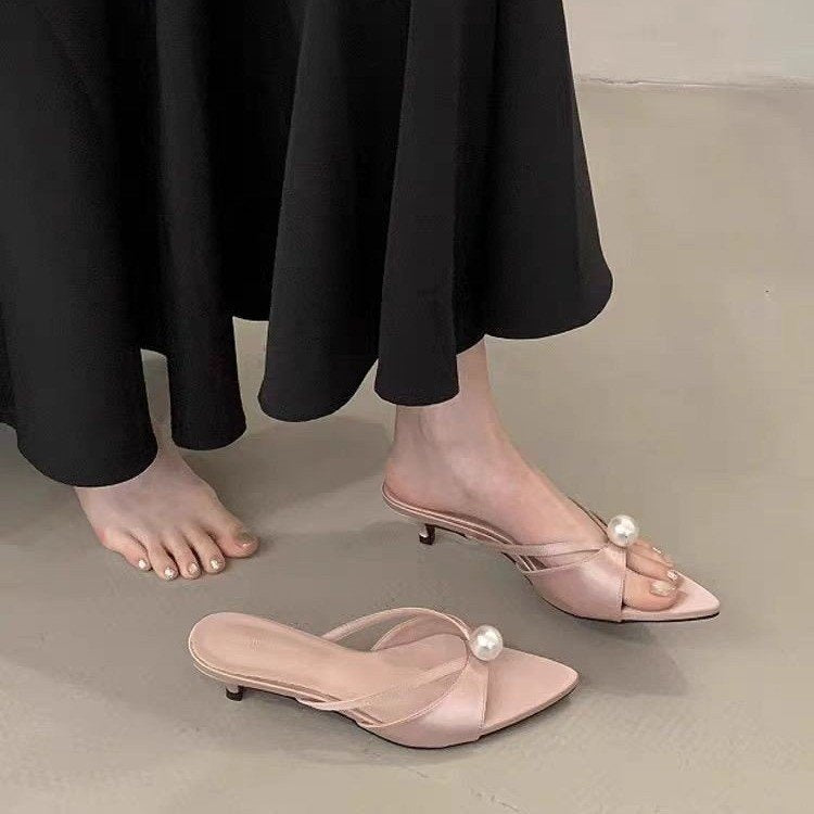 Women's French Style Pearl Embellished Pointed Toe High Heel Mules