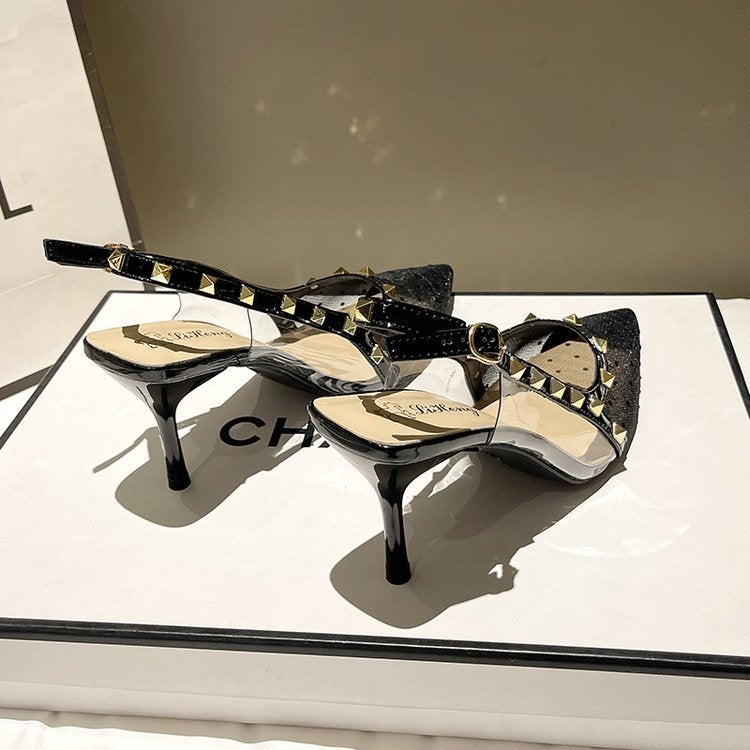 Damen Polka Dot Mesh Stiletto-Sandalen mit spitzer Zehenpartie und Nietenapplikation