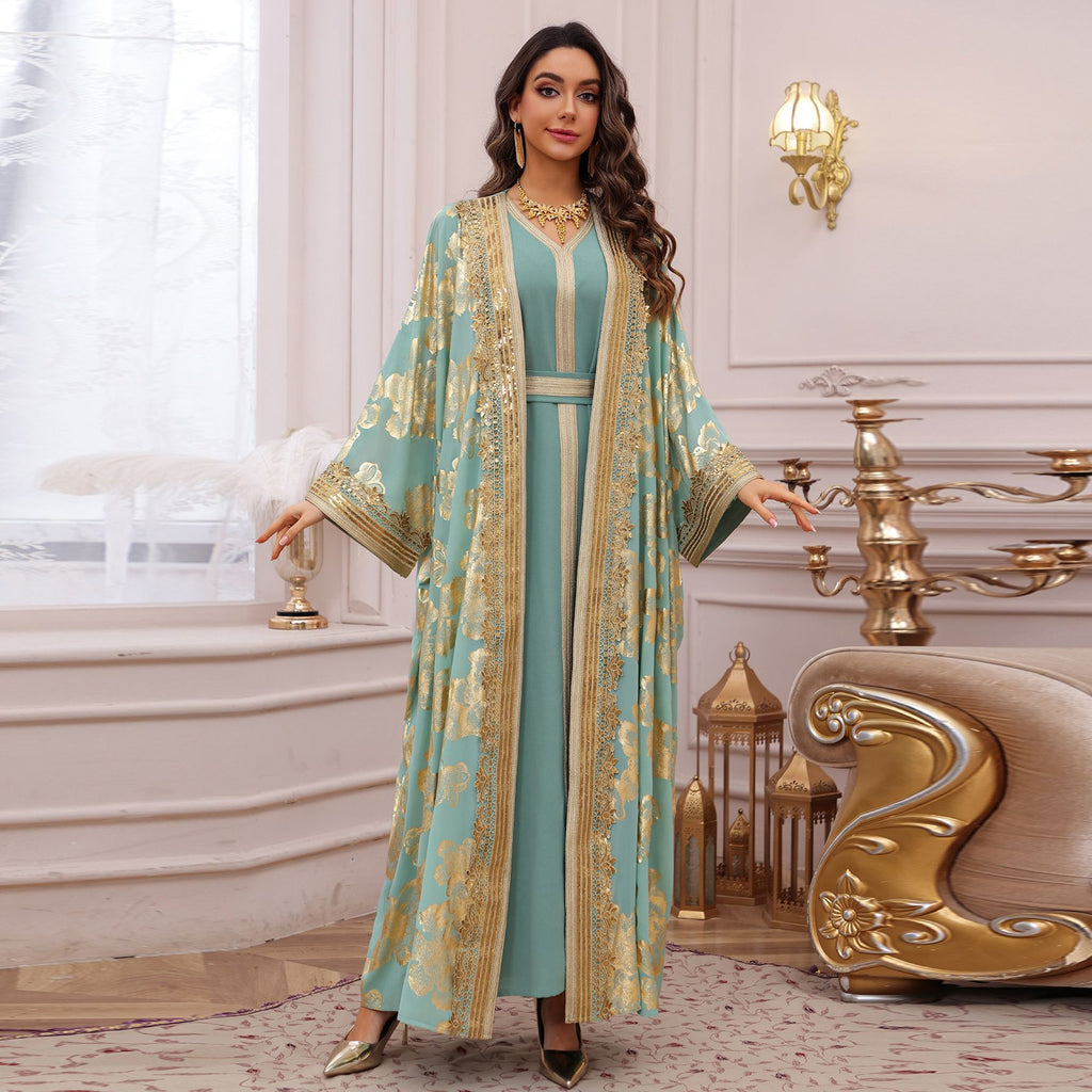 Womens Fashion Gold-Embossed Robe Dress Set