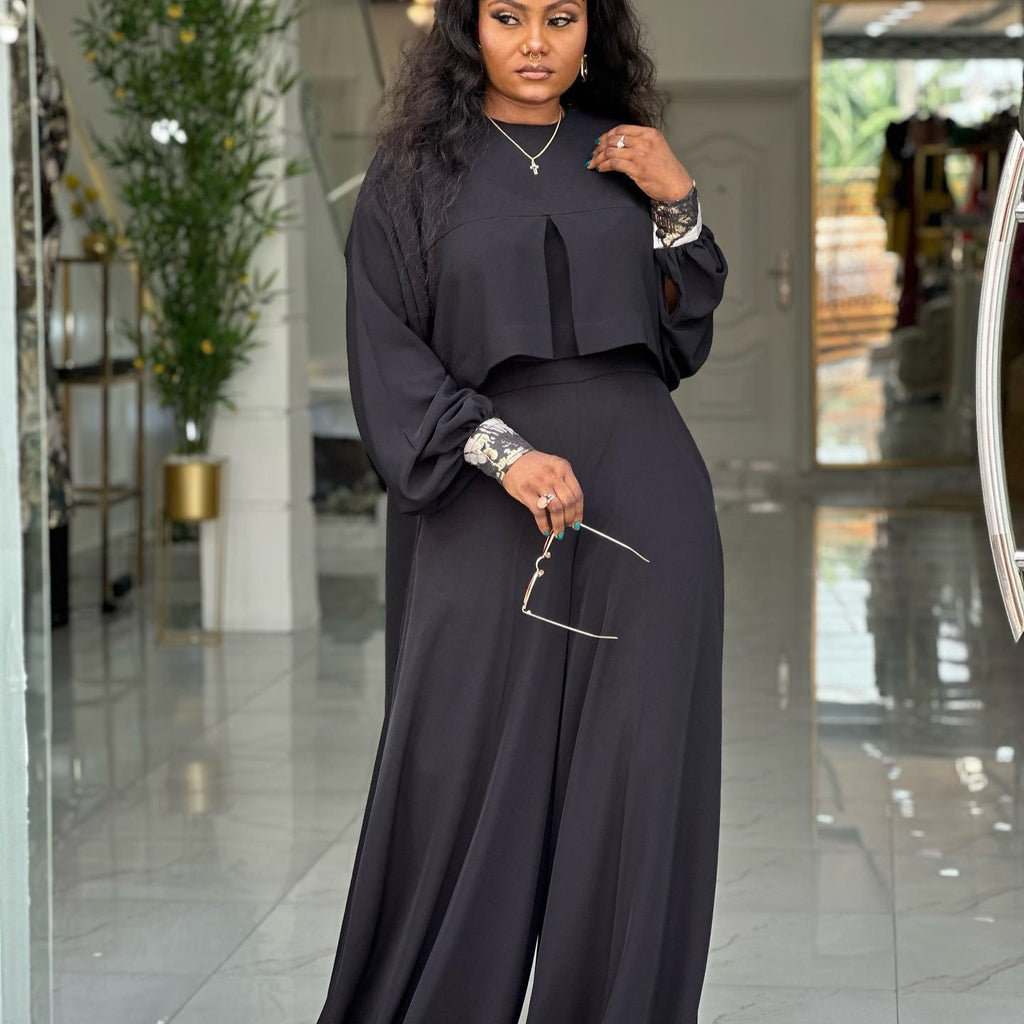 Round-neck Top With Asymmetrical Lantern Sleeves And Loose Wide-leg Pants