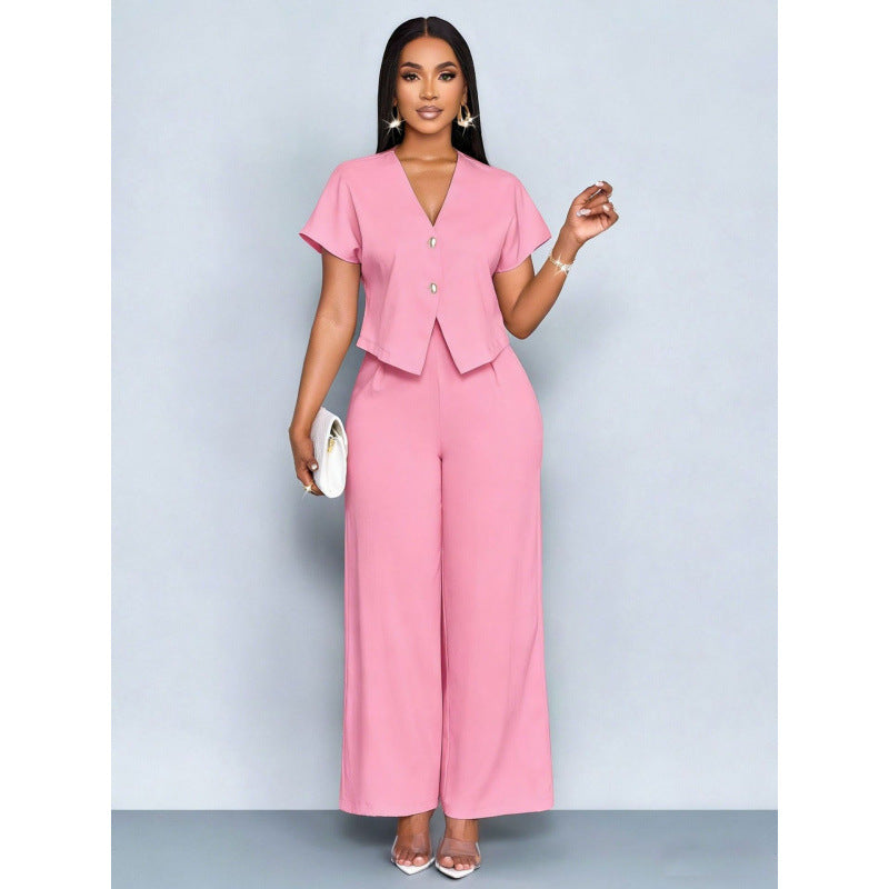 Short-sleeve V-neck Irregular Cardigan And Straight-leg Wide-leg Pants Set