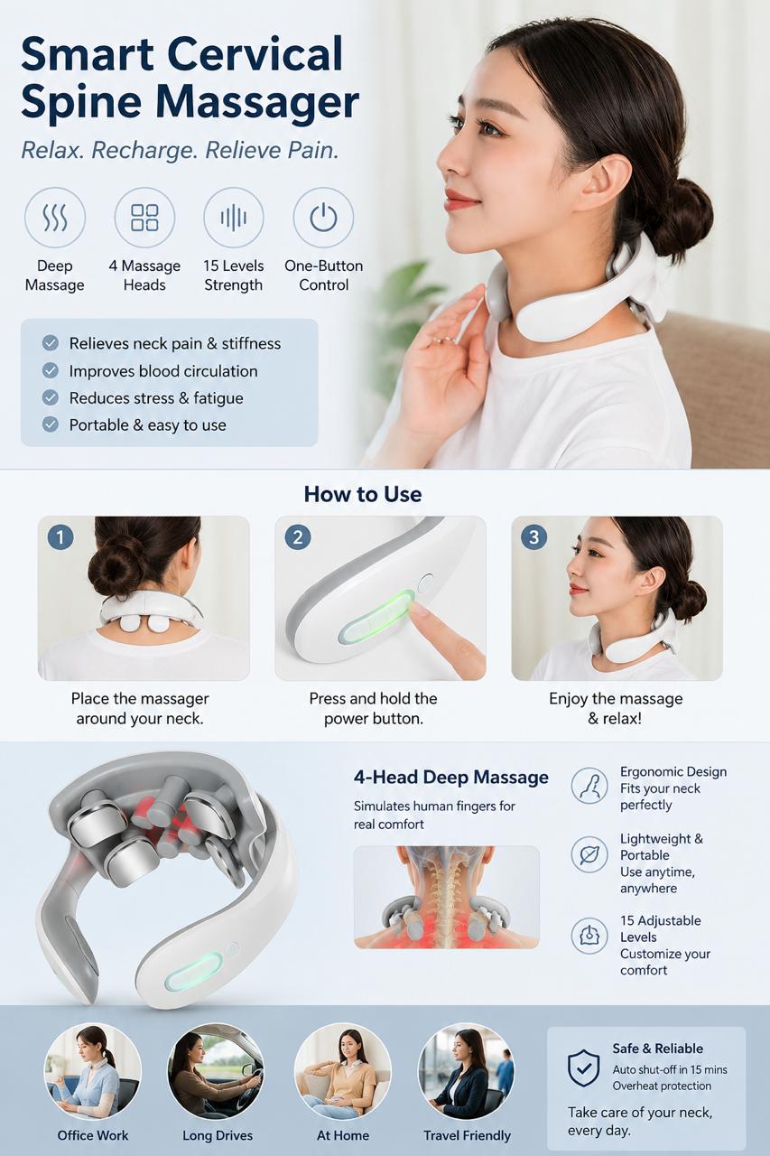 Smart Cervical Neck Massager – 4 Head Deep Tissue Relaxation Device
