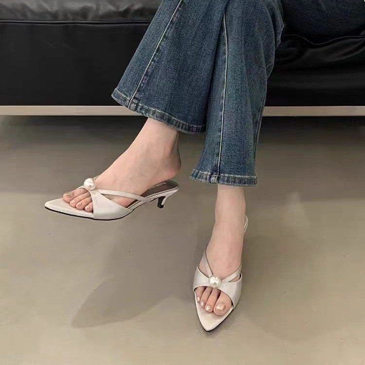 Women's French Style Pearl Embellished Pointed Toe High Heel Mules