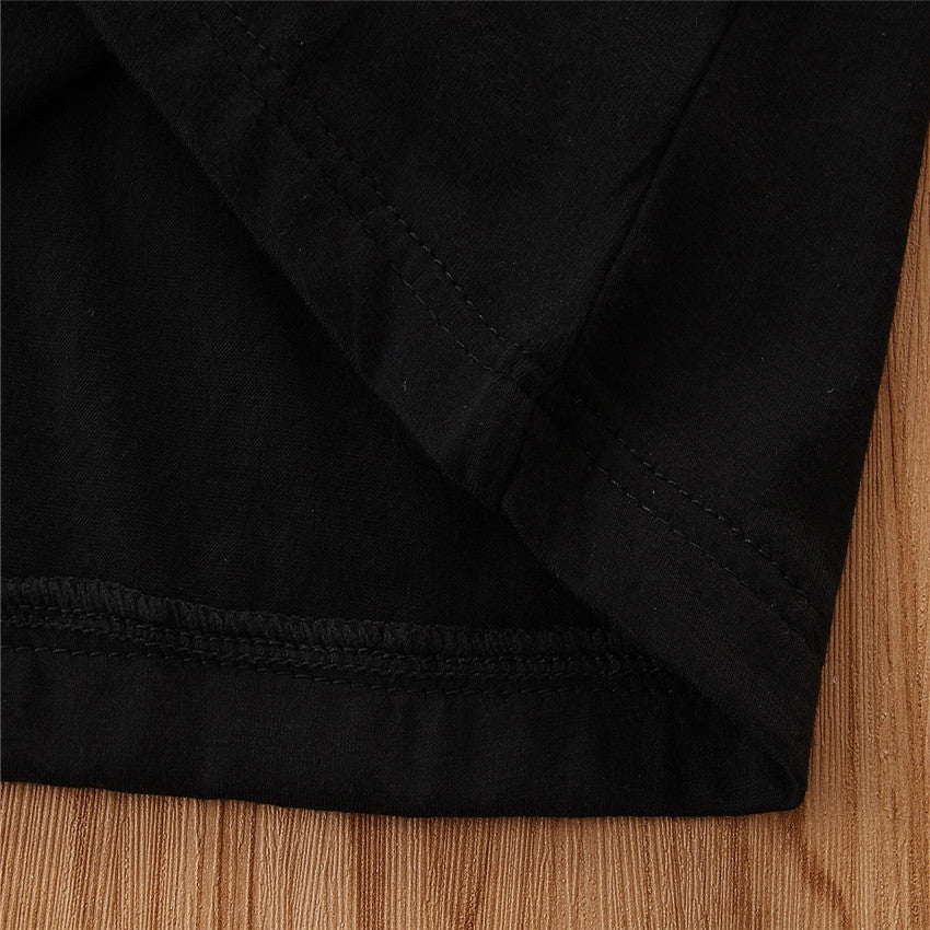 Mädchen Kurzarm-Anzug Puffärmel Schwarzes T-Shirt Jeans Latzrock Modisch