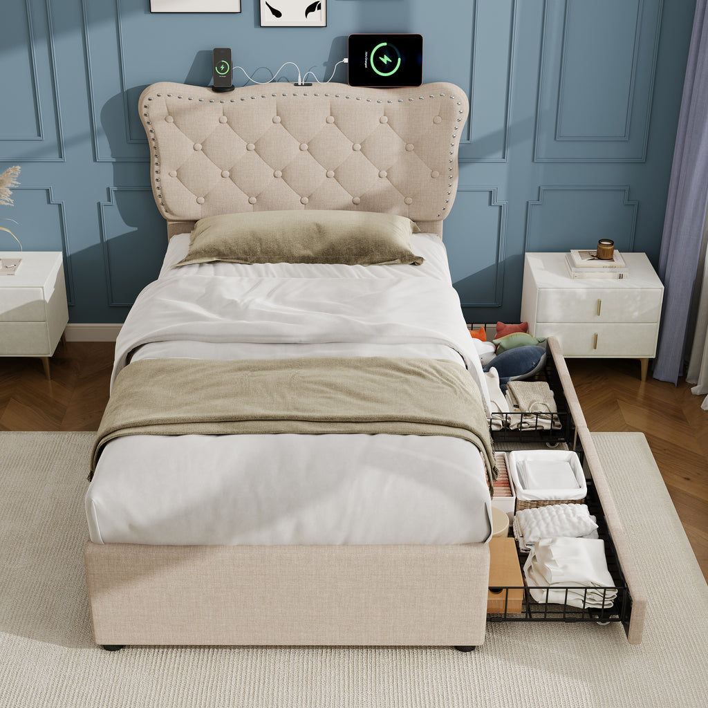 3ft Single Upholstered Bed With Rivet Design