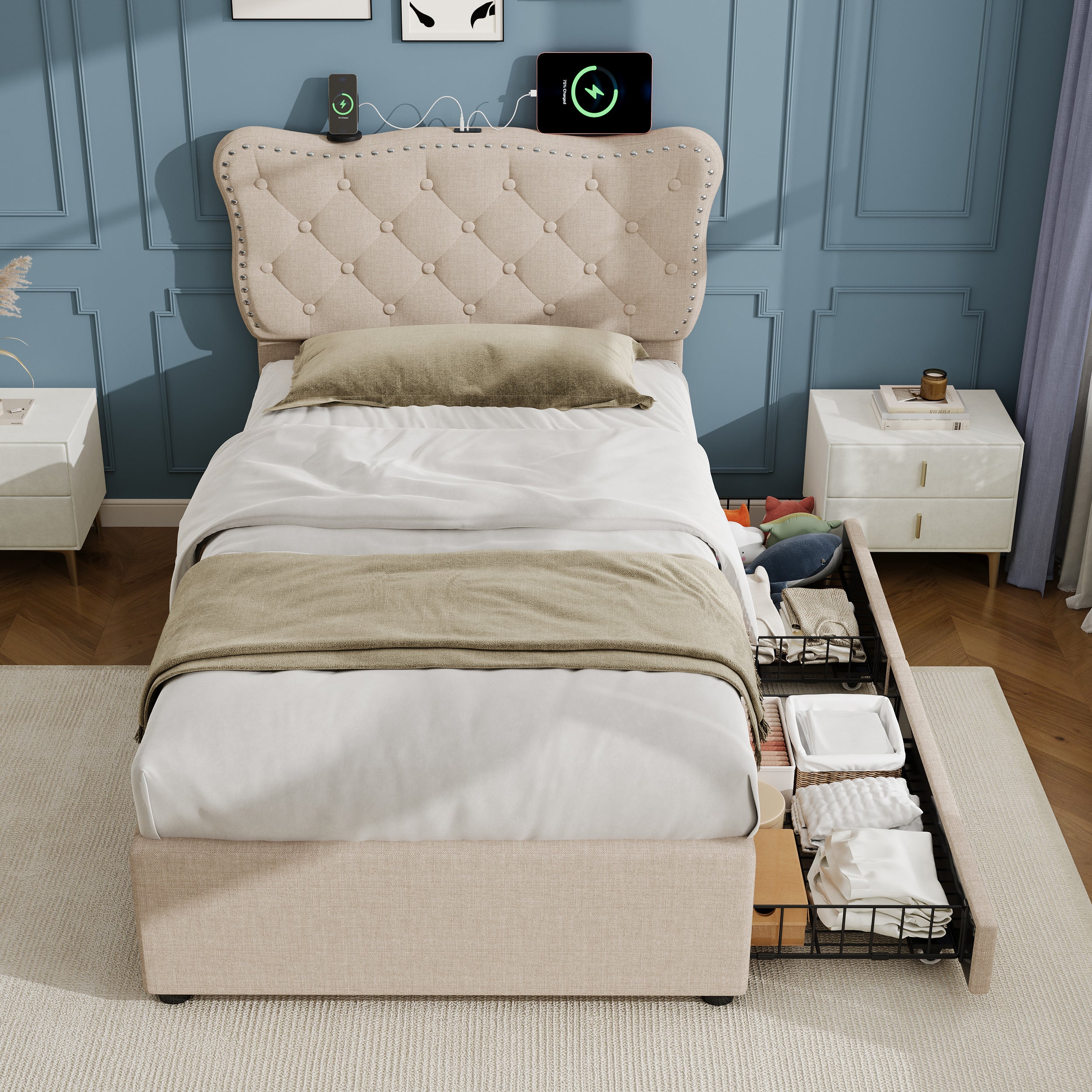 3ft Single Upholstered Bed With Rivet Design