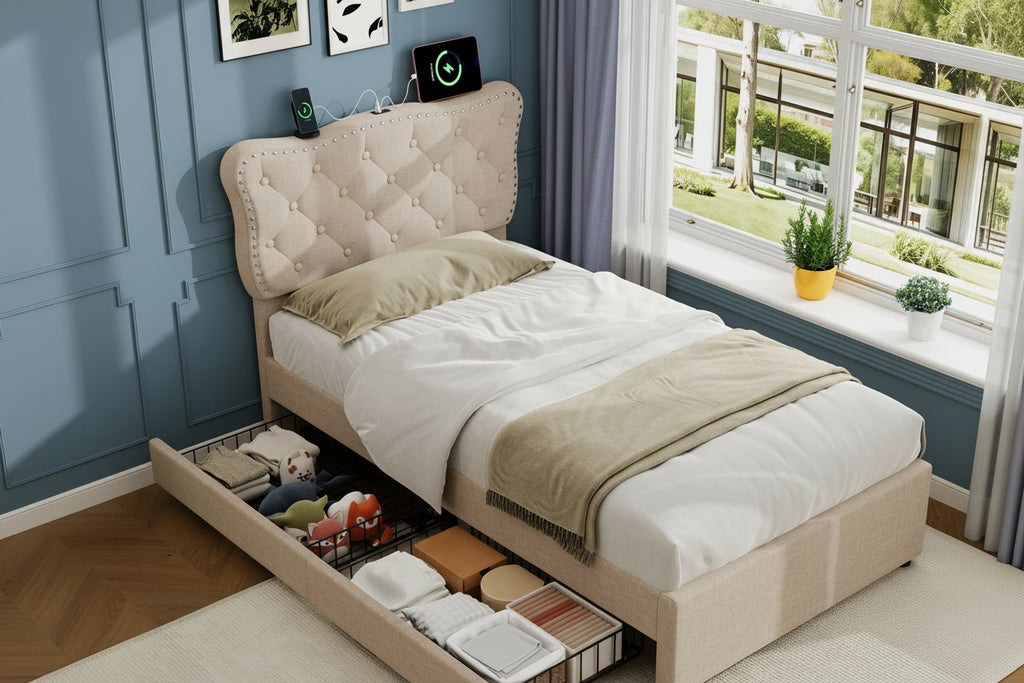 3ft Single Upholstered Bed With Rivet Design