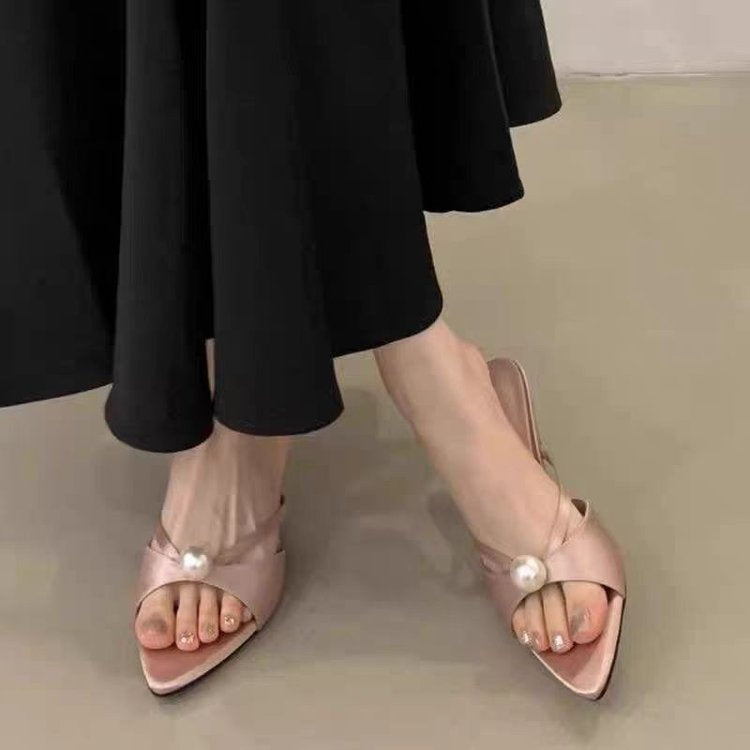 Women's French Style Pearl Embellished Pointed Toe High Heel Mules