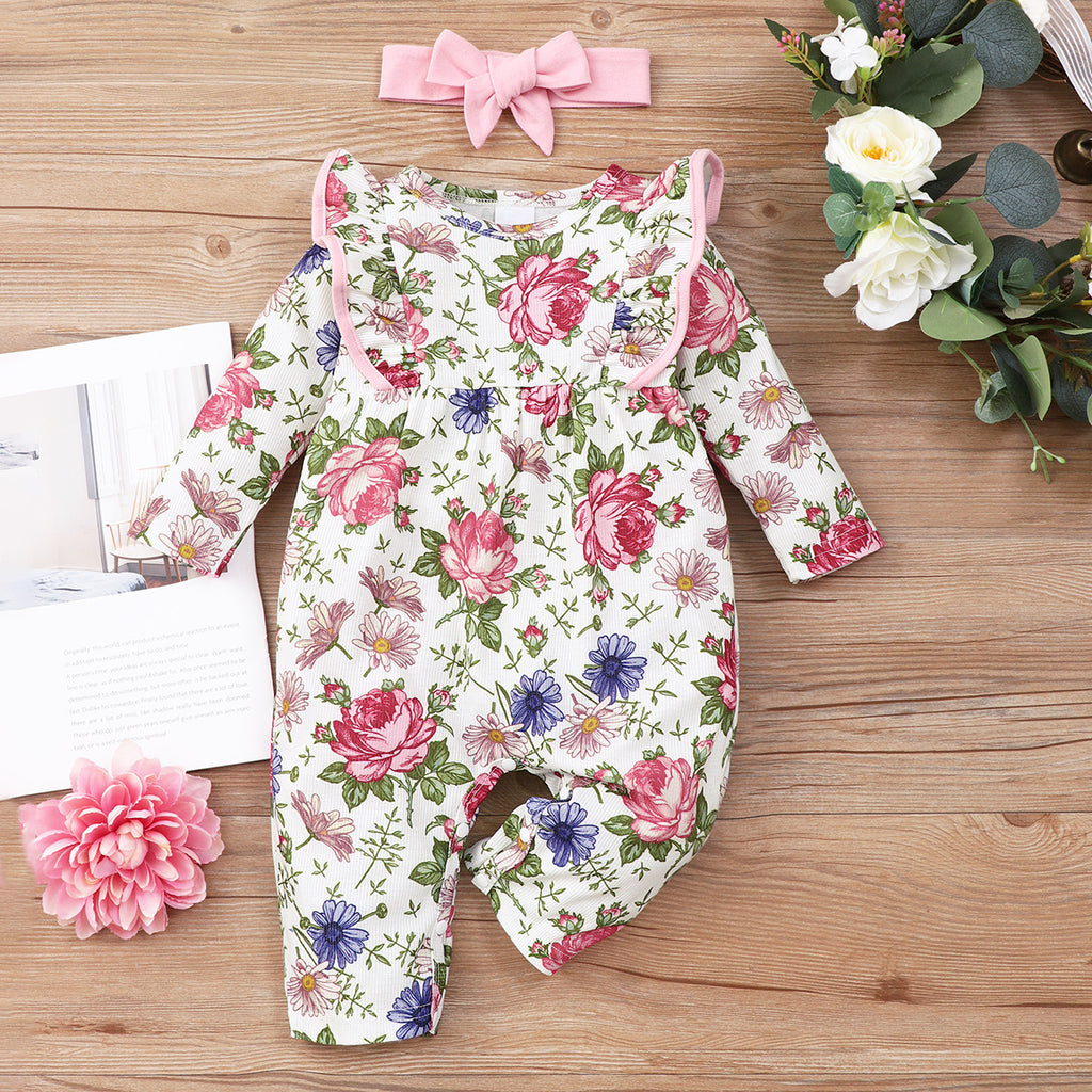 Mädchen Langarm Rüschen Overall mit Print Stirnband Zweiteiliges Set
