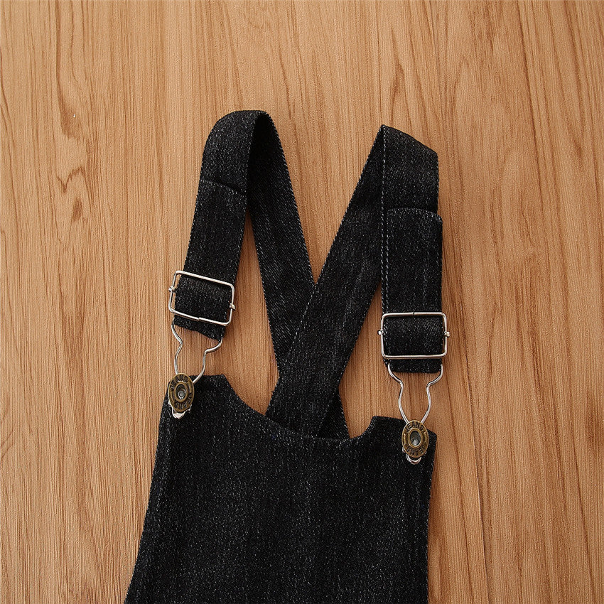 Mädchen Kurzarm-Anzug Puffärmel Schwarzes T-Shirt Jeans Latzrock Modisch