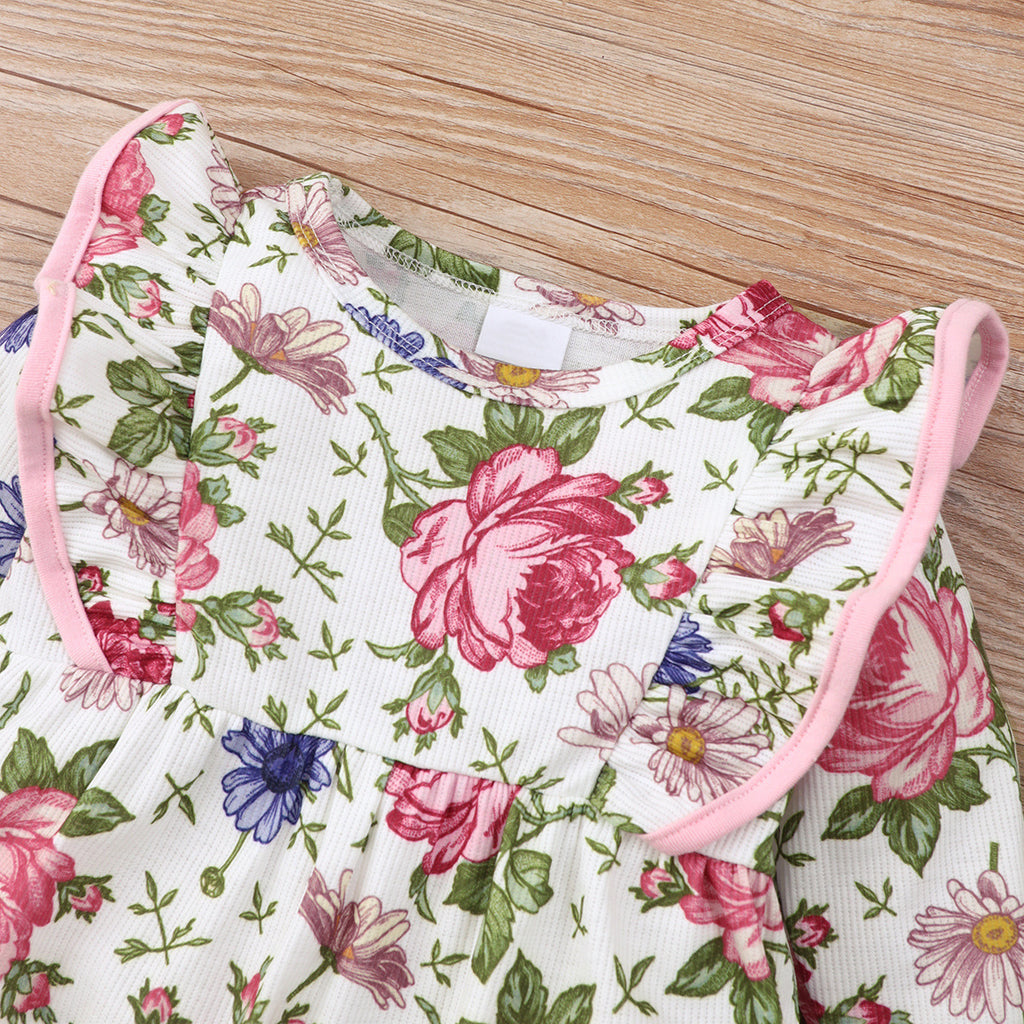 Mädchen Langarm Rüschen Overall mit Print Stirnband Zweiteiliges Set