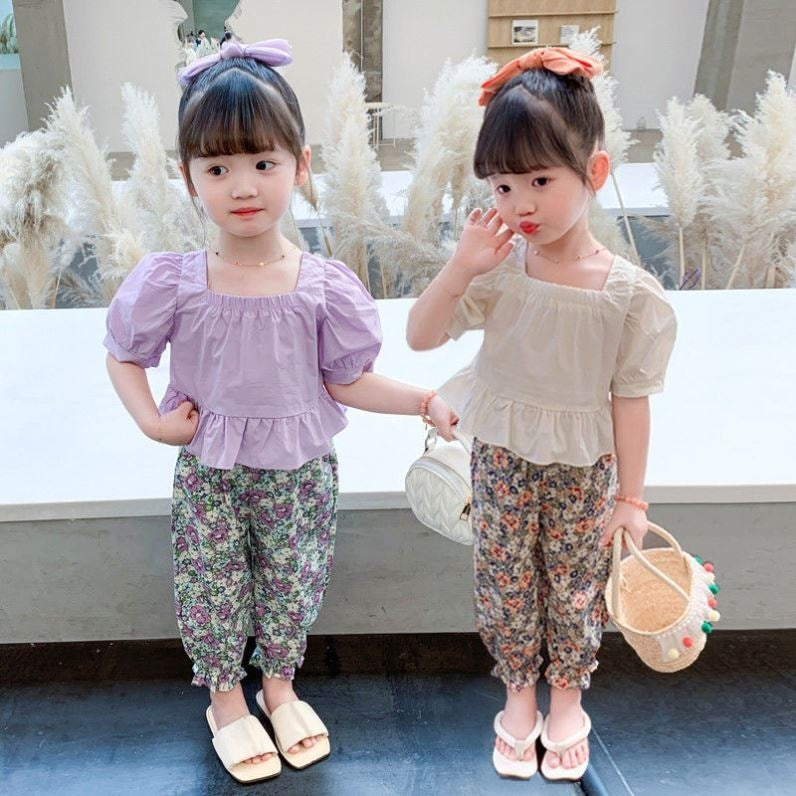 Girls Summer Floral Mosquito Pants Two-piece Suit
