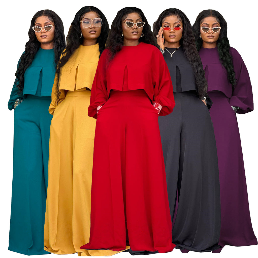 Round-neck Top With Asymmetrical Lantern Sleeves And Loose Wide-leg Pants