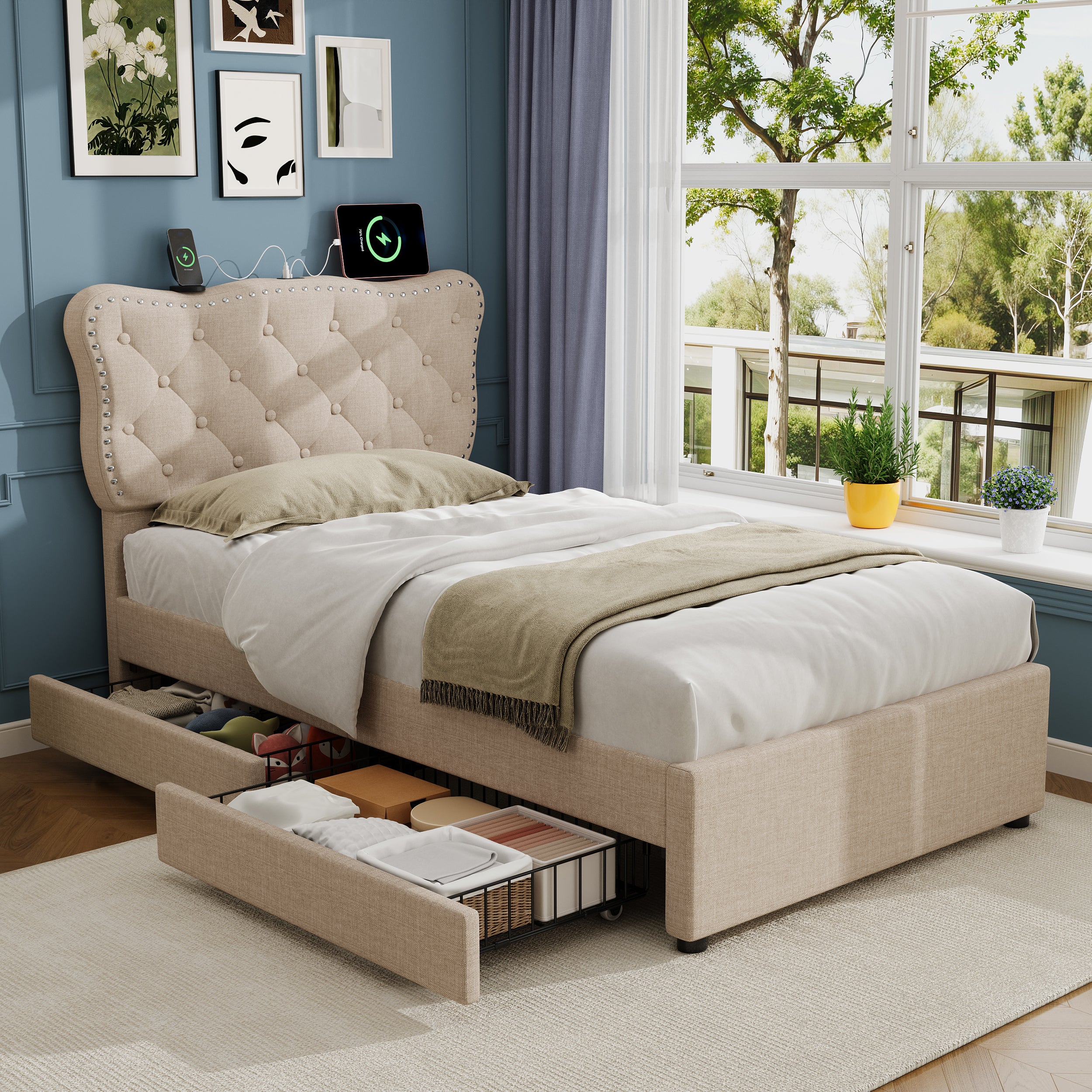 3ft Single Upholstered Bed With Rivet Design