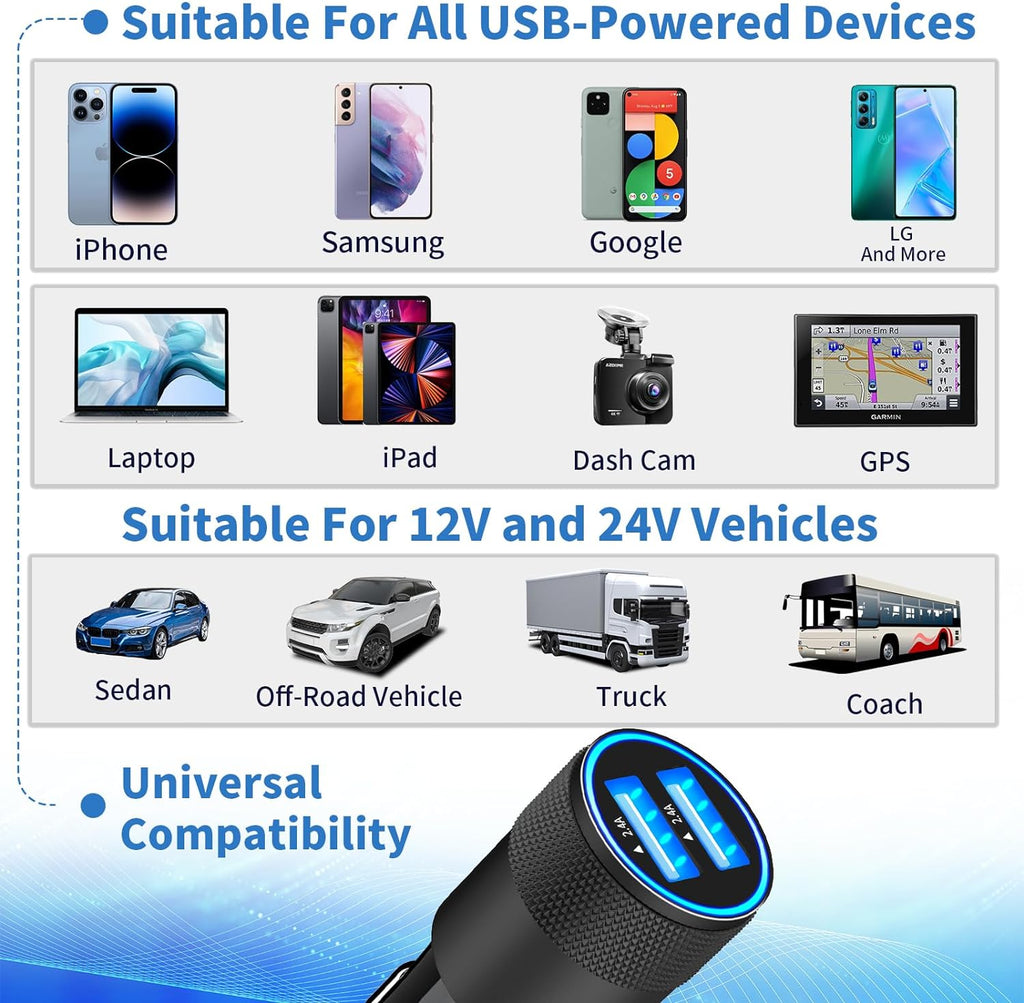 【Mfi Certified】Iphone Car Charger Fast Charging,  4.8A Dual USB Smart Power Cigarette Lighter USB Car Charger with 2Pack Lightning Braided Cable for Iphone 14 13 12 11 Pro XS Mini XR X SE Ipad