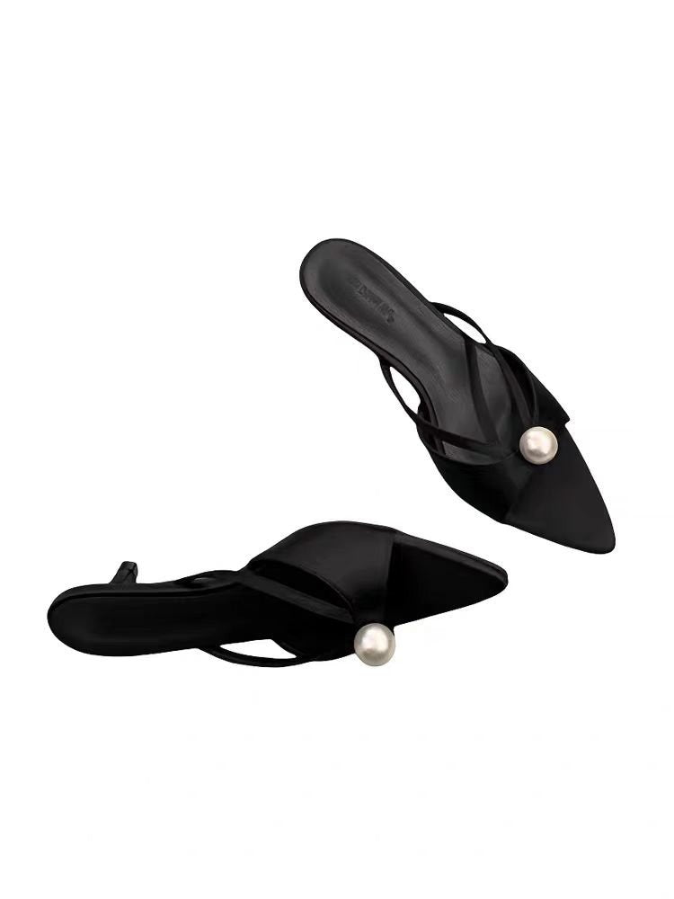Women's French Style Pearl Embellished Pointed Toe High Heel Mules