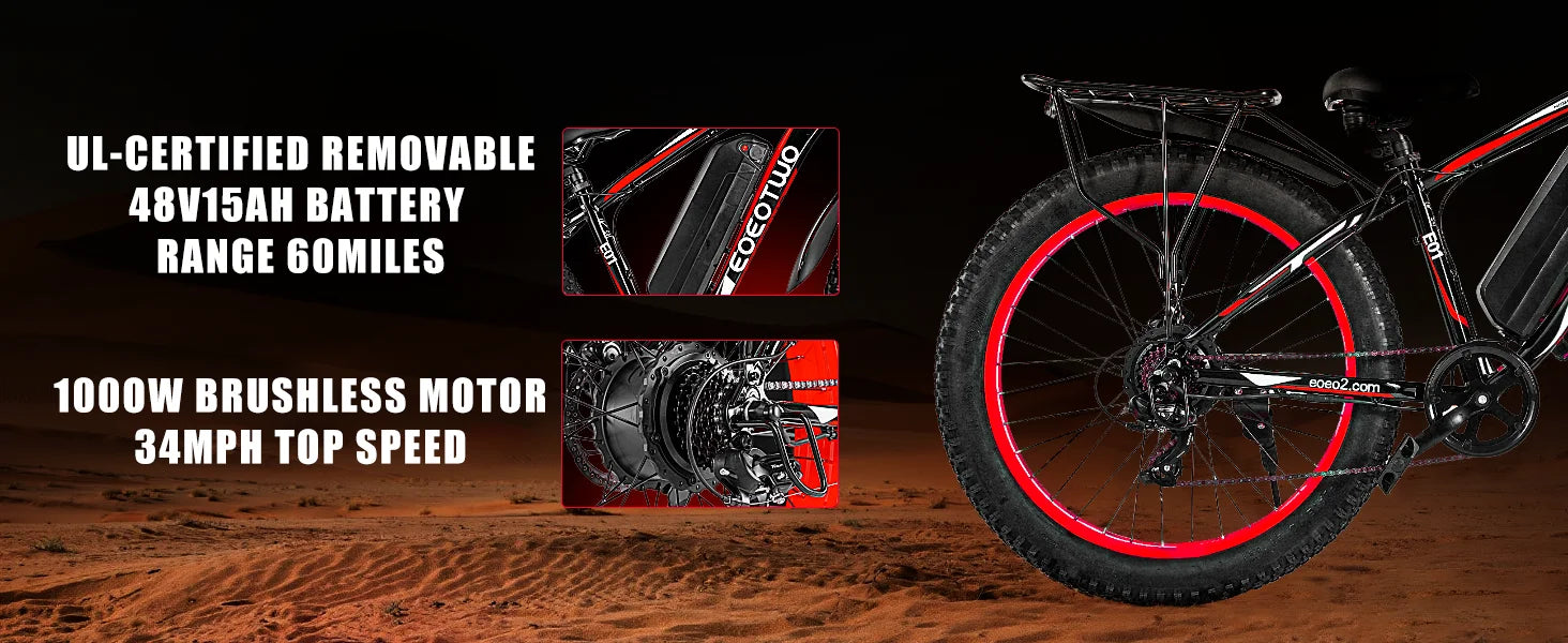 1500W Fat Tire Electric Bike for Adults 26"x4.0 All Terrain Ebike 34MPH