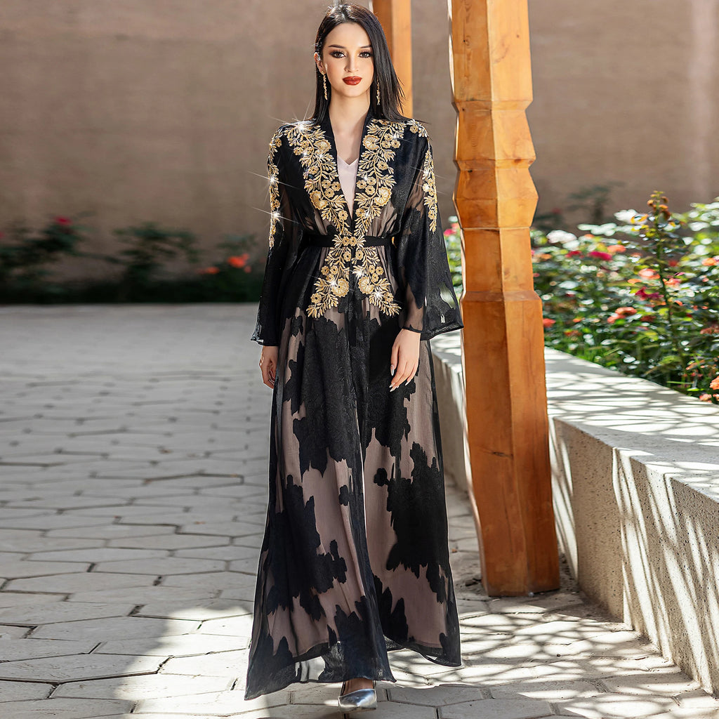 Black Gold Lace Embroidered Abayas