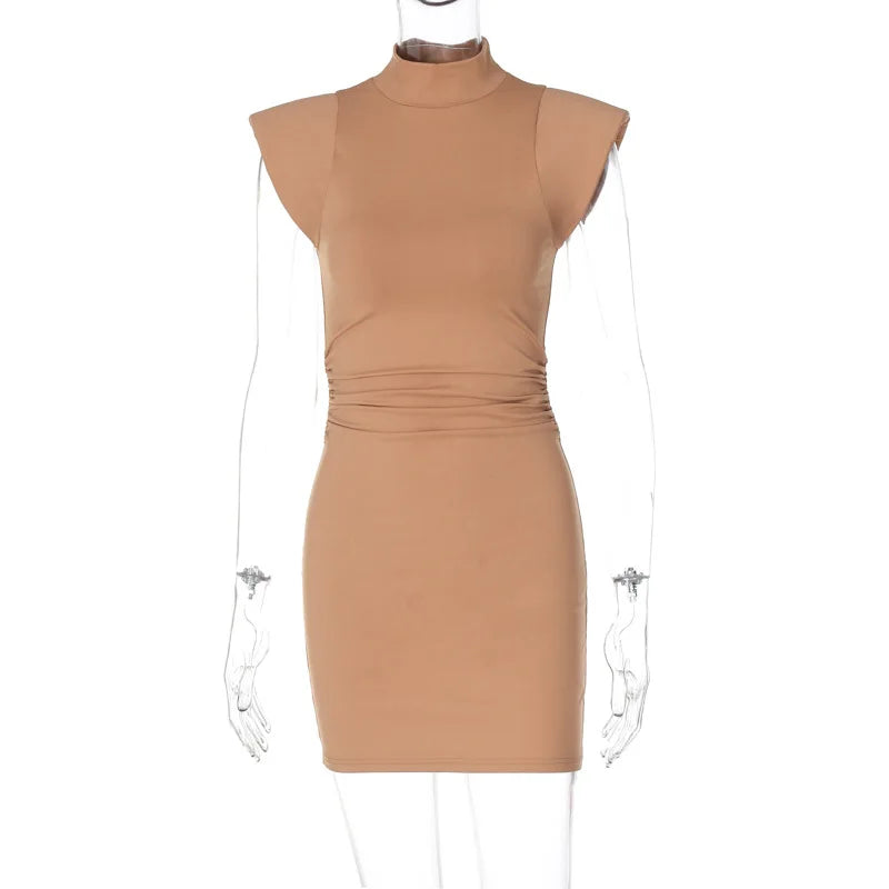 Stand Neck Slim Fit Mini Dress Draped Bodycon Dress for Women