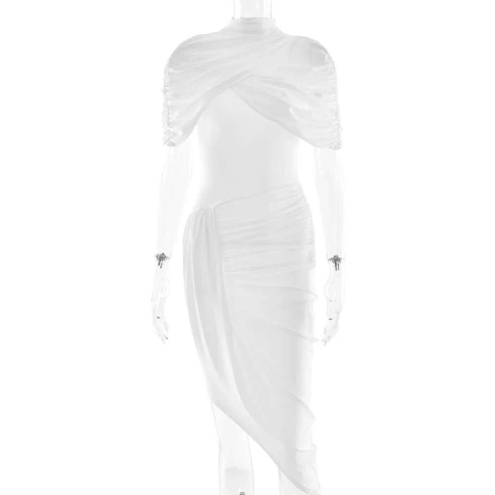 Lady Summer Elegant Party Dress Women Solid High Neck Pleated Maxi Dress