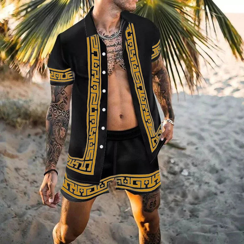 Fashion New Men's Hawaiian Beach Vacation Boho Shorts Shirt
