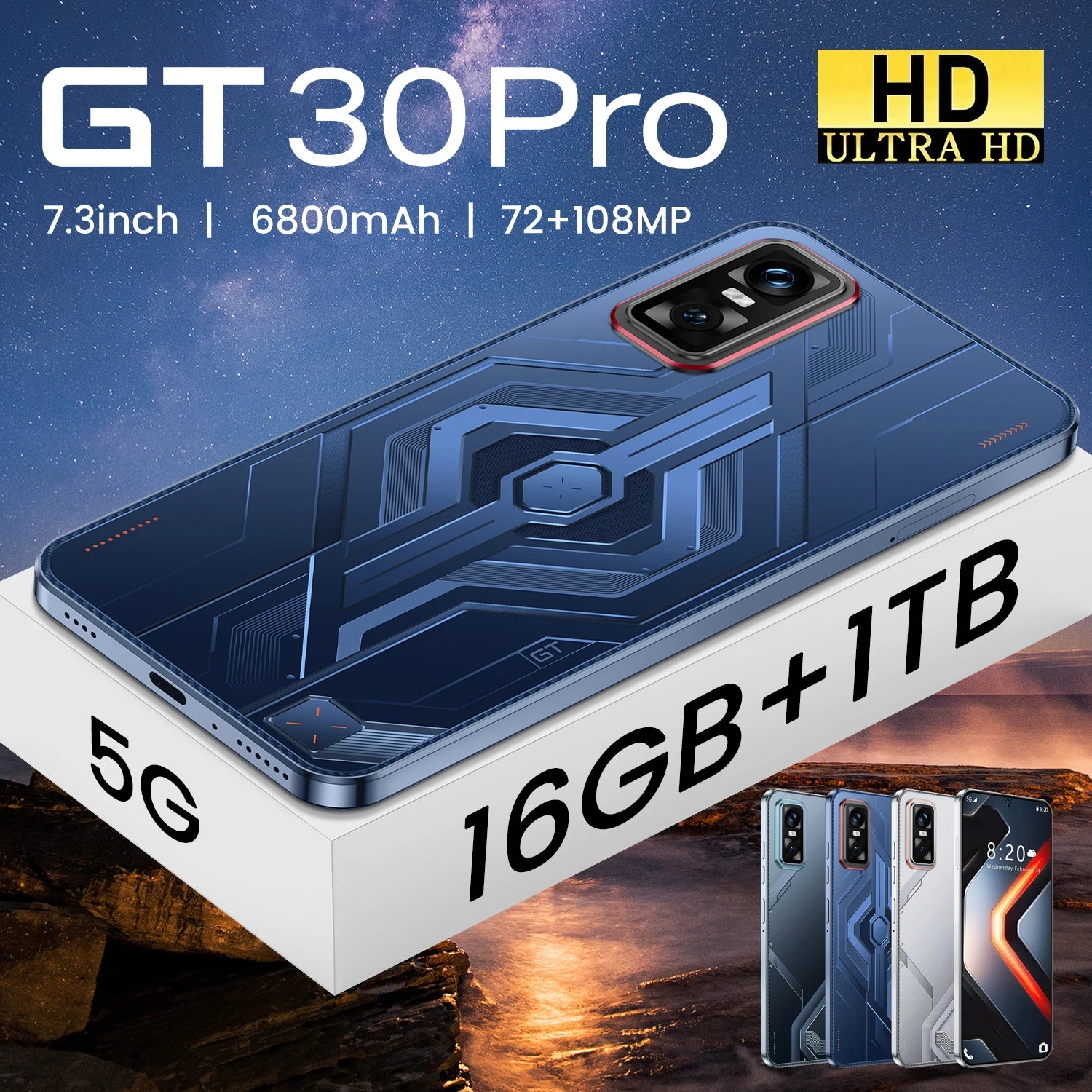 Hot Selling GT30 PRO Original 5G Smartphone 7.3Inch With 16GB+1TB