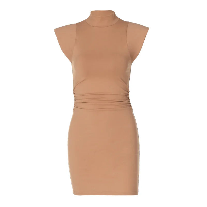 Stand Neck Slim Fit Mini Dress Draped Bodycon Dress for Women