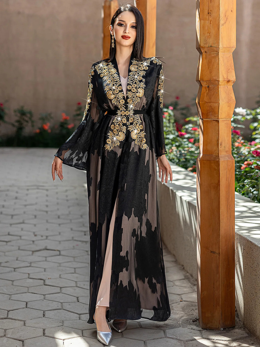 Black Gold Lace Embroidered Abayas