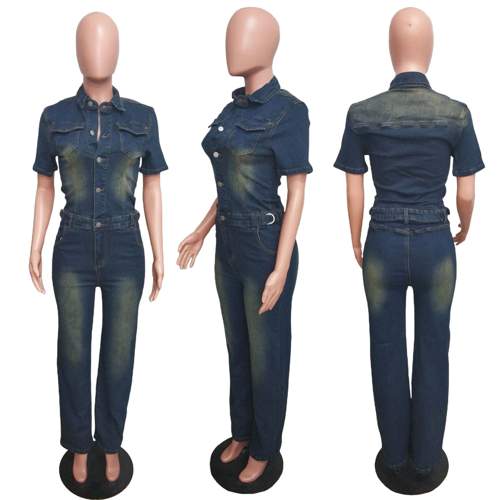 Women's Loose Fit Slim Stretch Washed Denim Straight Jumpsuit