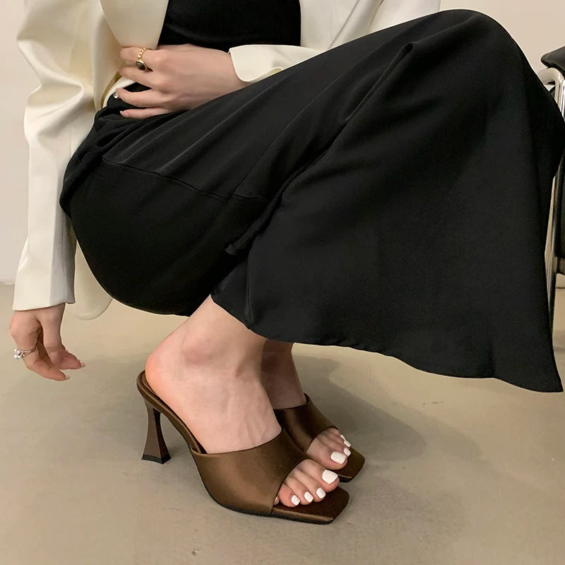 8CM Simple Style Women Slippers Silk Stiletto Heels