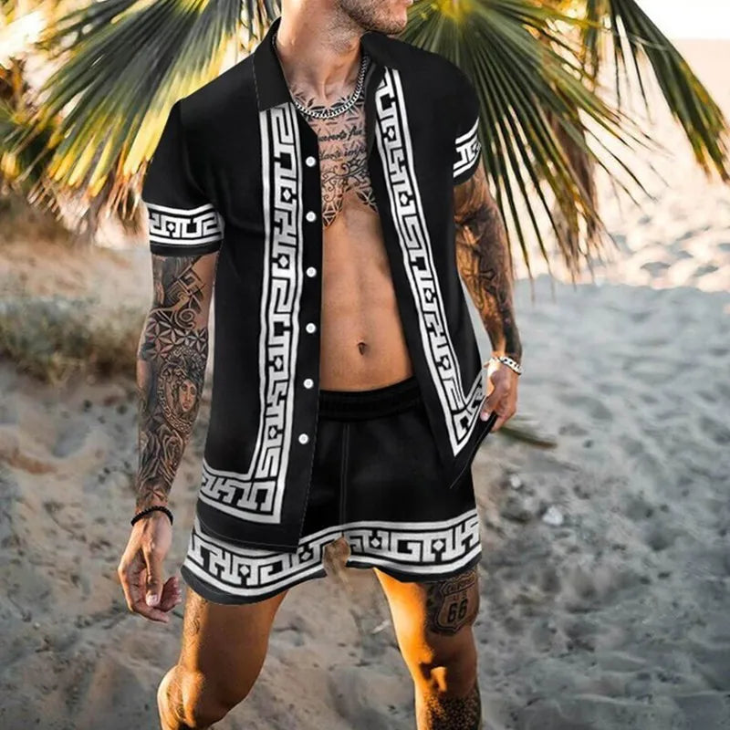 Fashion New Men's Hawaiian Beach Vacation Boho Shorts Shirt