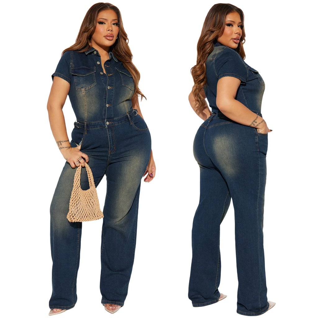 Women's Loose Fit Slim Stretch Washed Denim Straight Jumpsuit