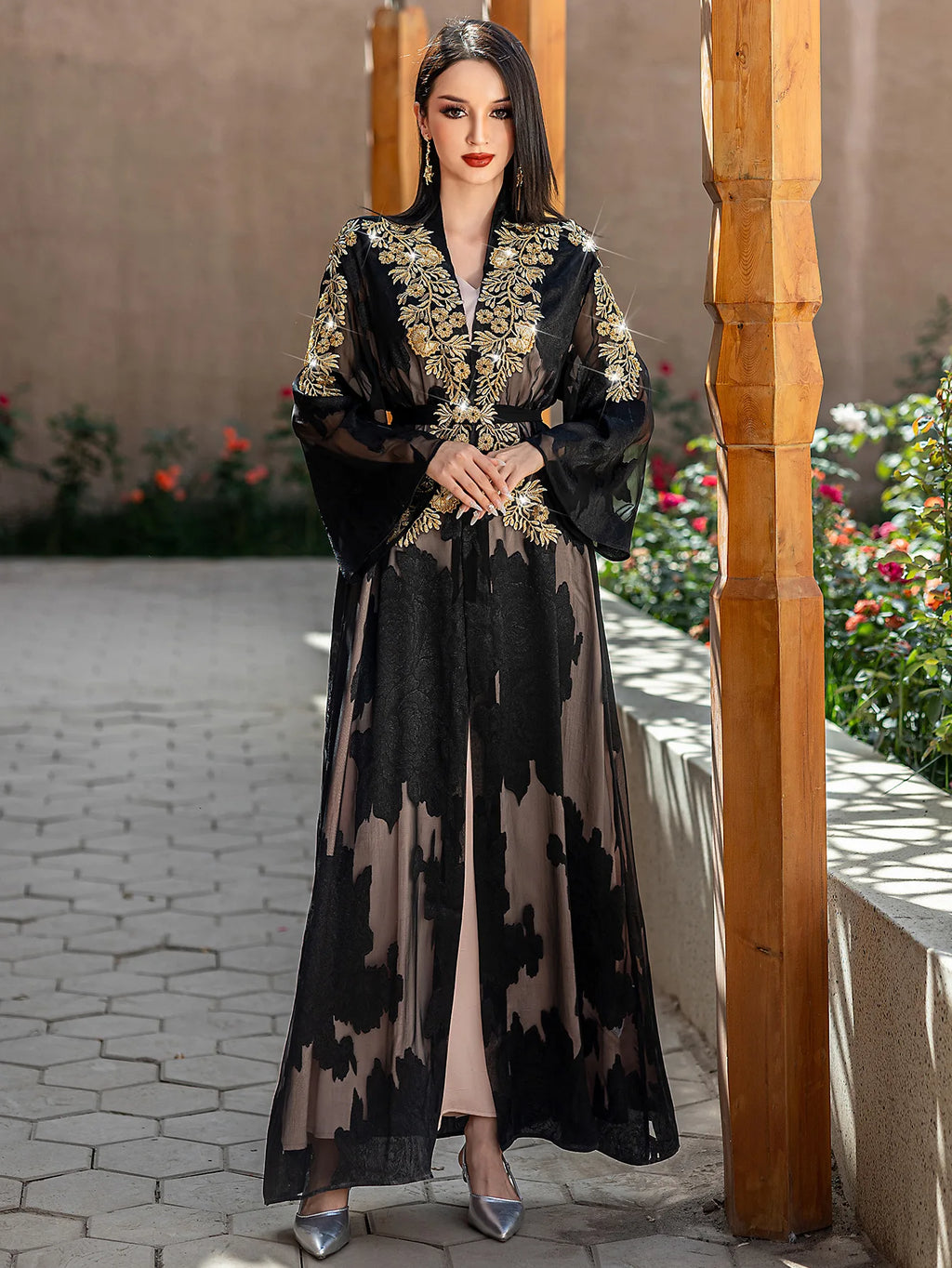 Black Gold Lace Embroidered Abayas