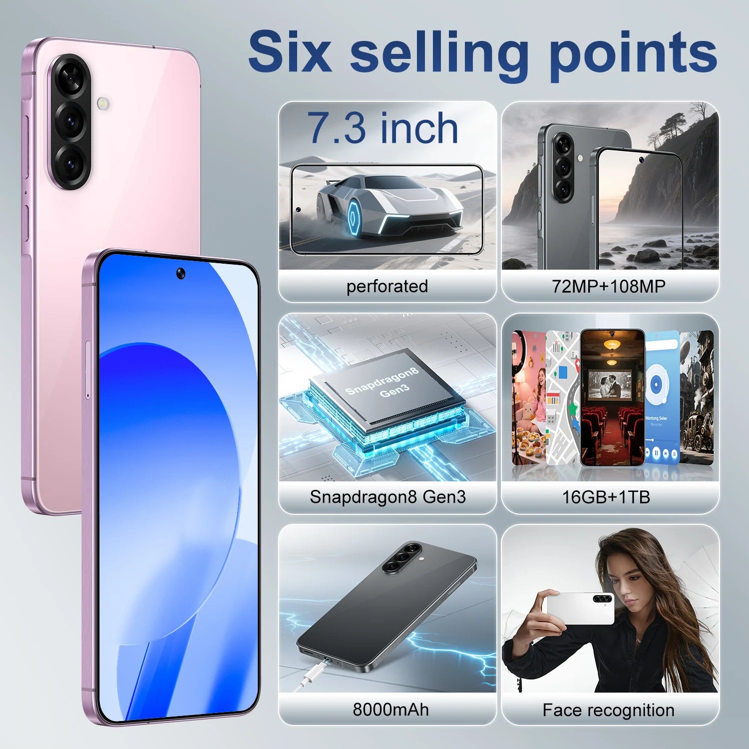 New Design A56 5G Smartphone Deca Core 108MP 16GB 1TB 7.3 Inch HD Display