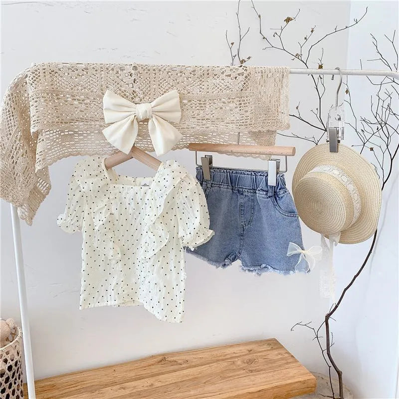 Summer New Girls Suit Cute Ruffled Shirt Top and Denim Shorts Two-piece Set