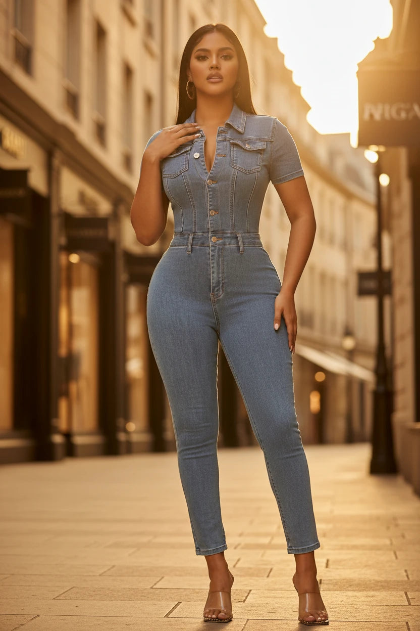 New Stitch Detail Flap Pocket Denim Jumpsuit