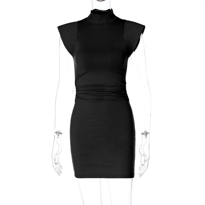 Stand Neck Slim Fit Mini Dress Draped Bodycon Dress for Women