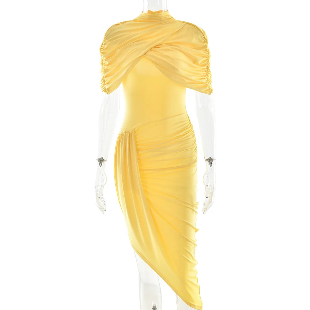 Lady Summer Elegant Party Dress Women Solid High Neck Pleated Maxi Dress