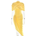 Lady Summer Elegant Party Dress Women Solid High Neck Pleated Maxi Dress