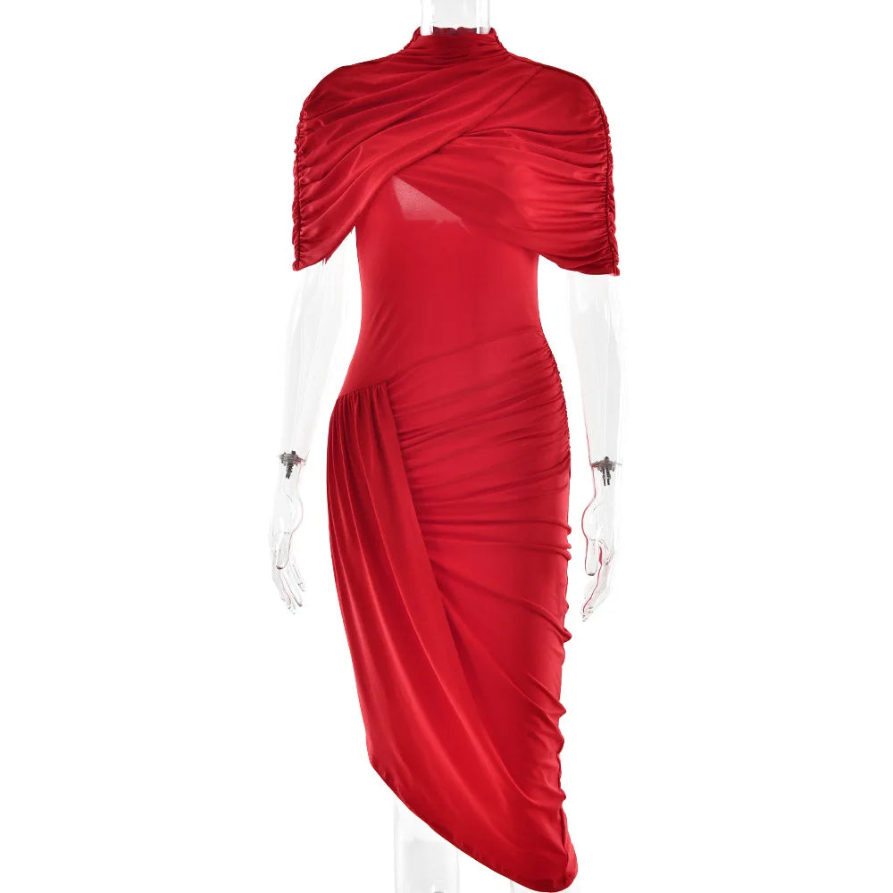 Lady Summer Elegant Party Dress Women Solid High Neck Pleated Maxi Dress