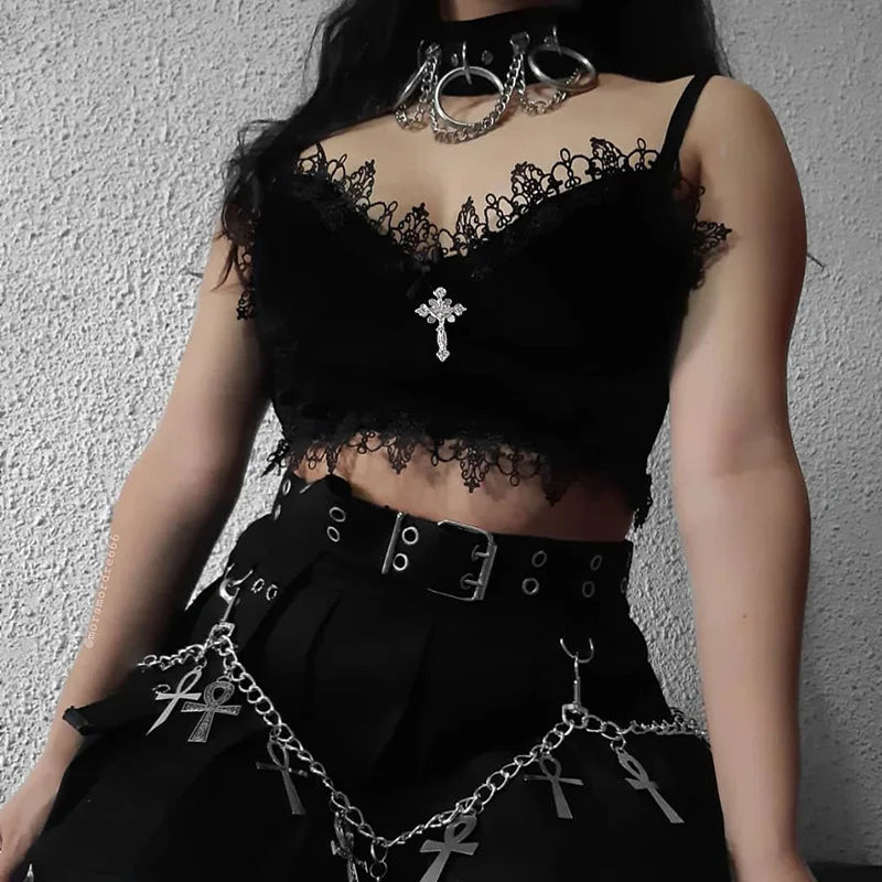 Velvet Mall Goth Crop Tops Black Lace