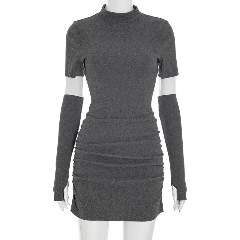 Autumn New O-Neck Long Sleeved Bodycon Solid Color Casual Slim Fit Women Mini Dress