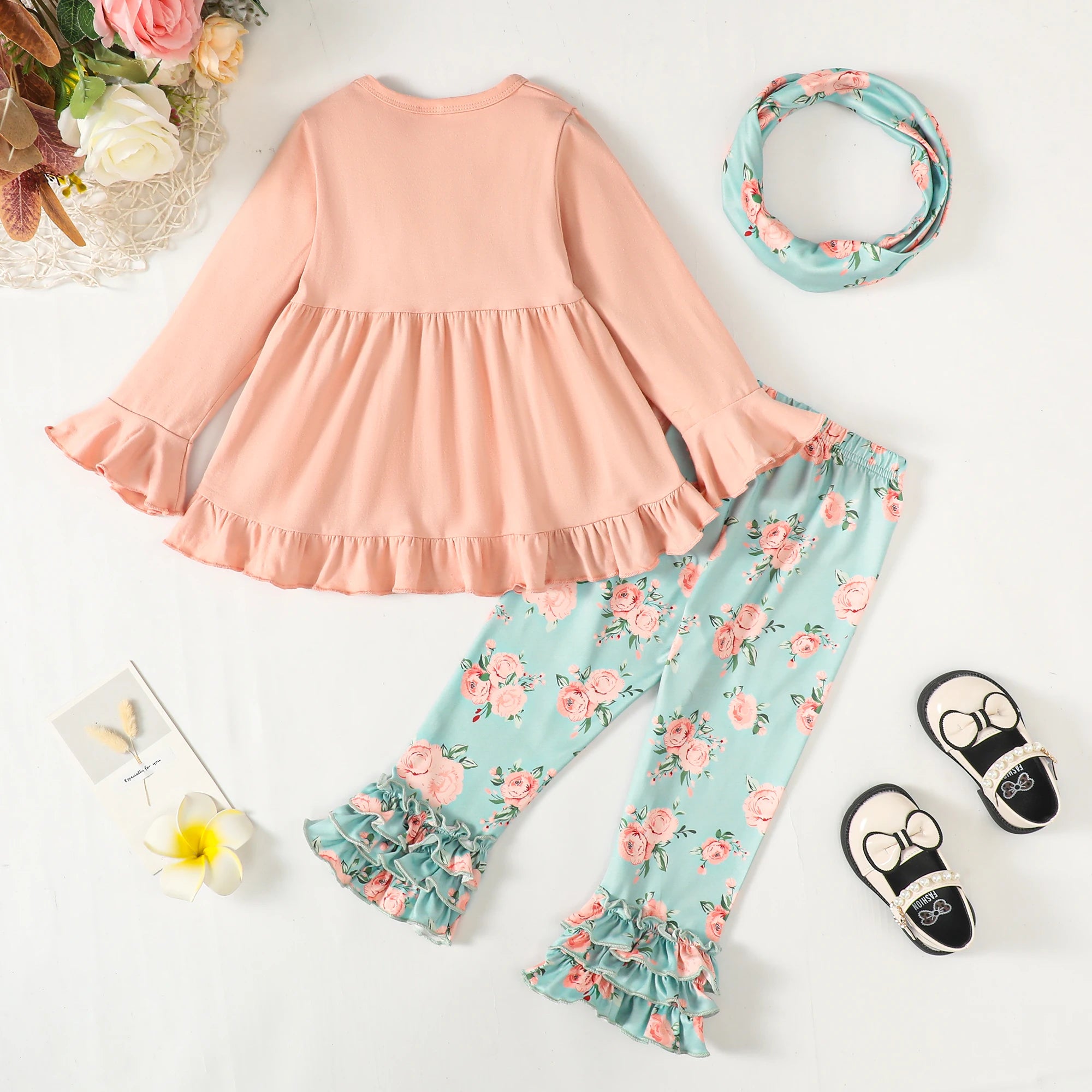 Girls Floral Ruffle Pants Headband Outfit