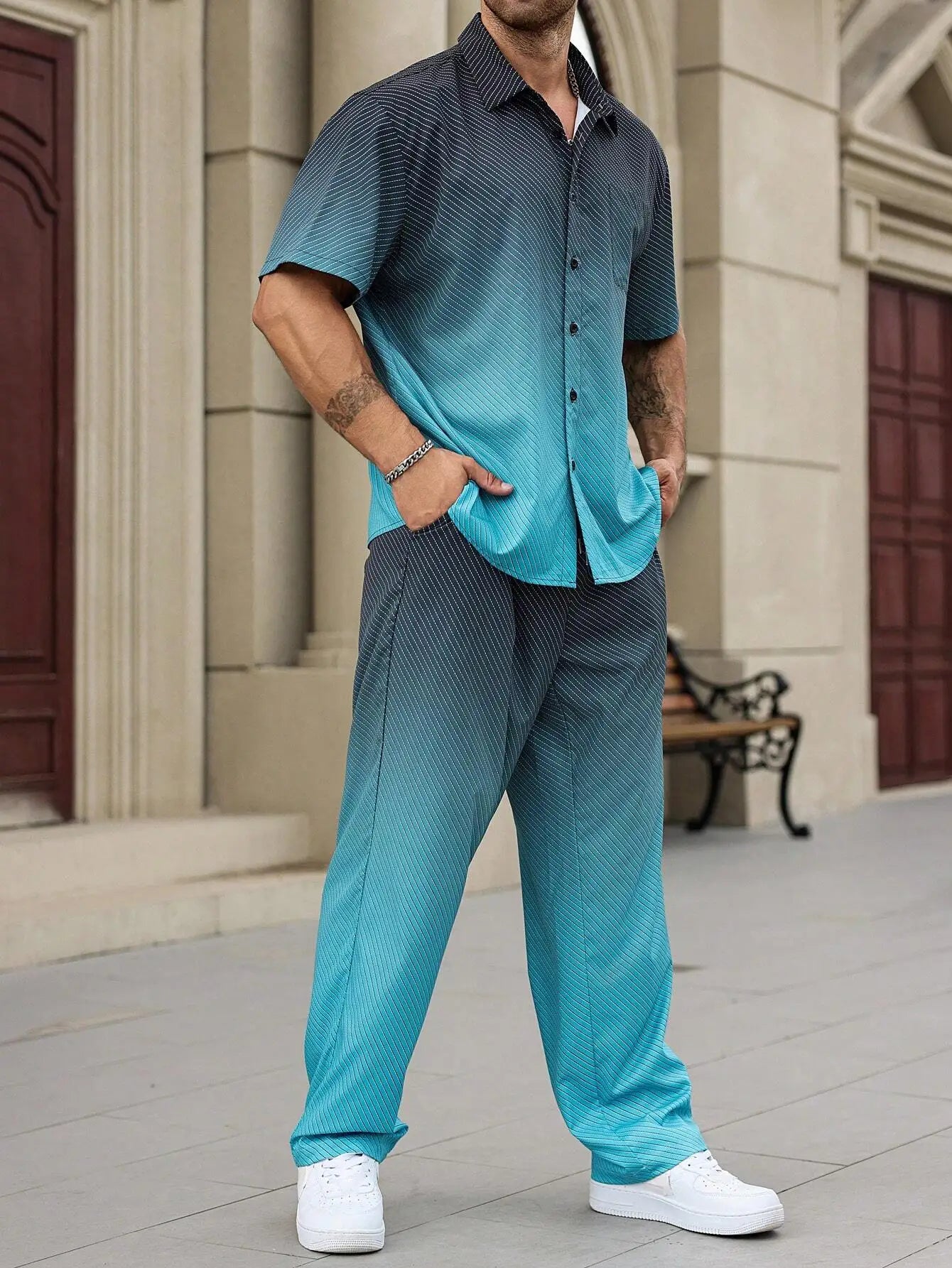 Gradient Plant Shirt and Pants Set for Men
